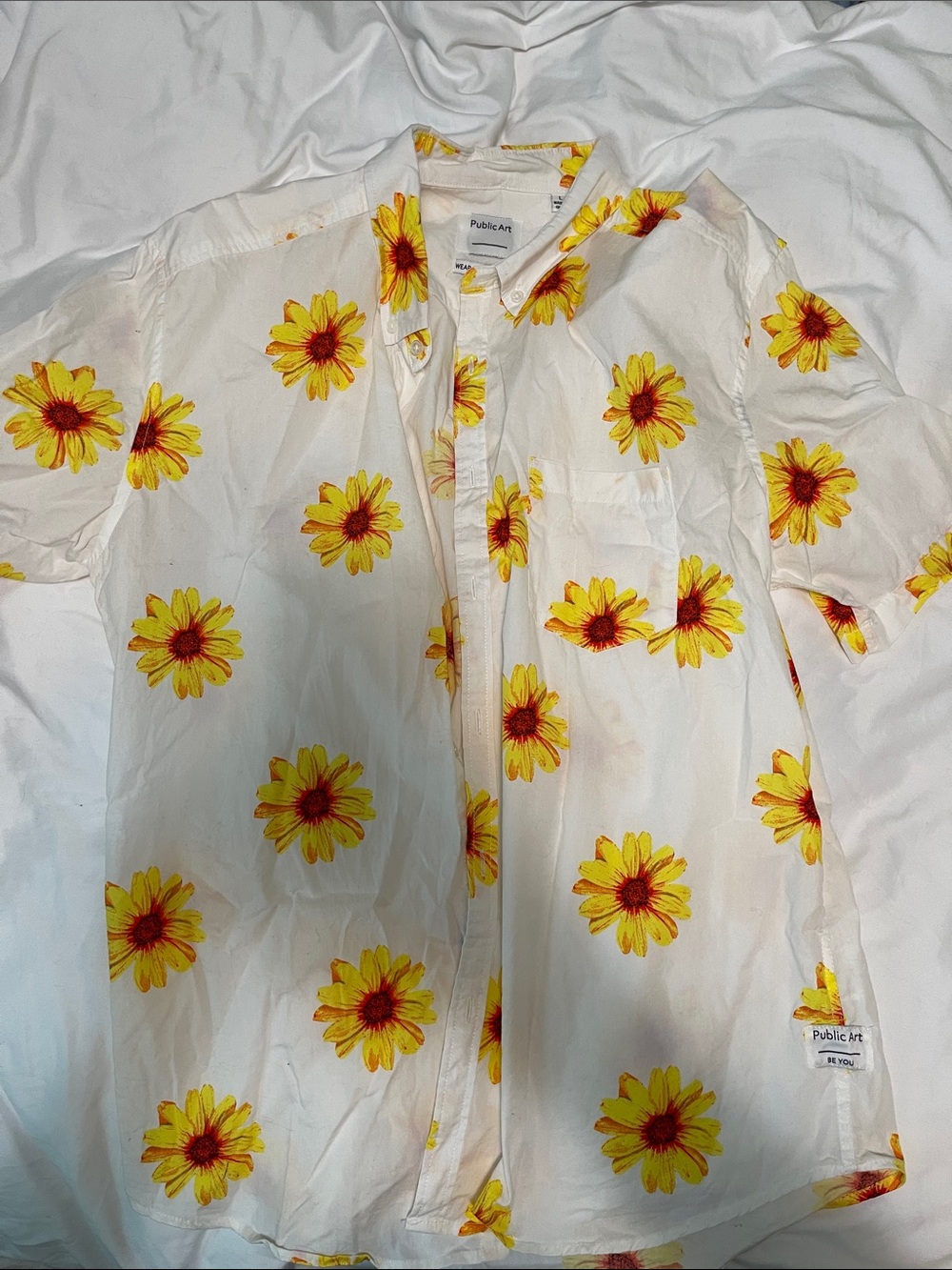 White Short-Sleeve Shirt with Yellow Floral Print